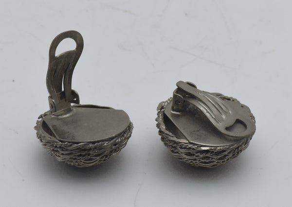 Vintage Silver Tone Basket Weave Clip On Earrings