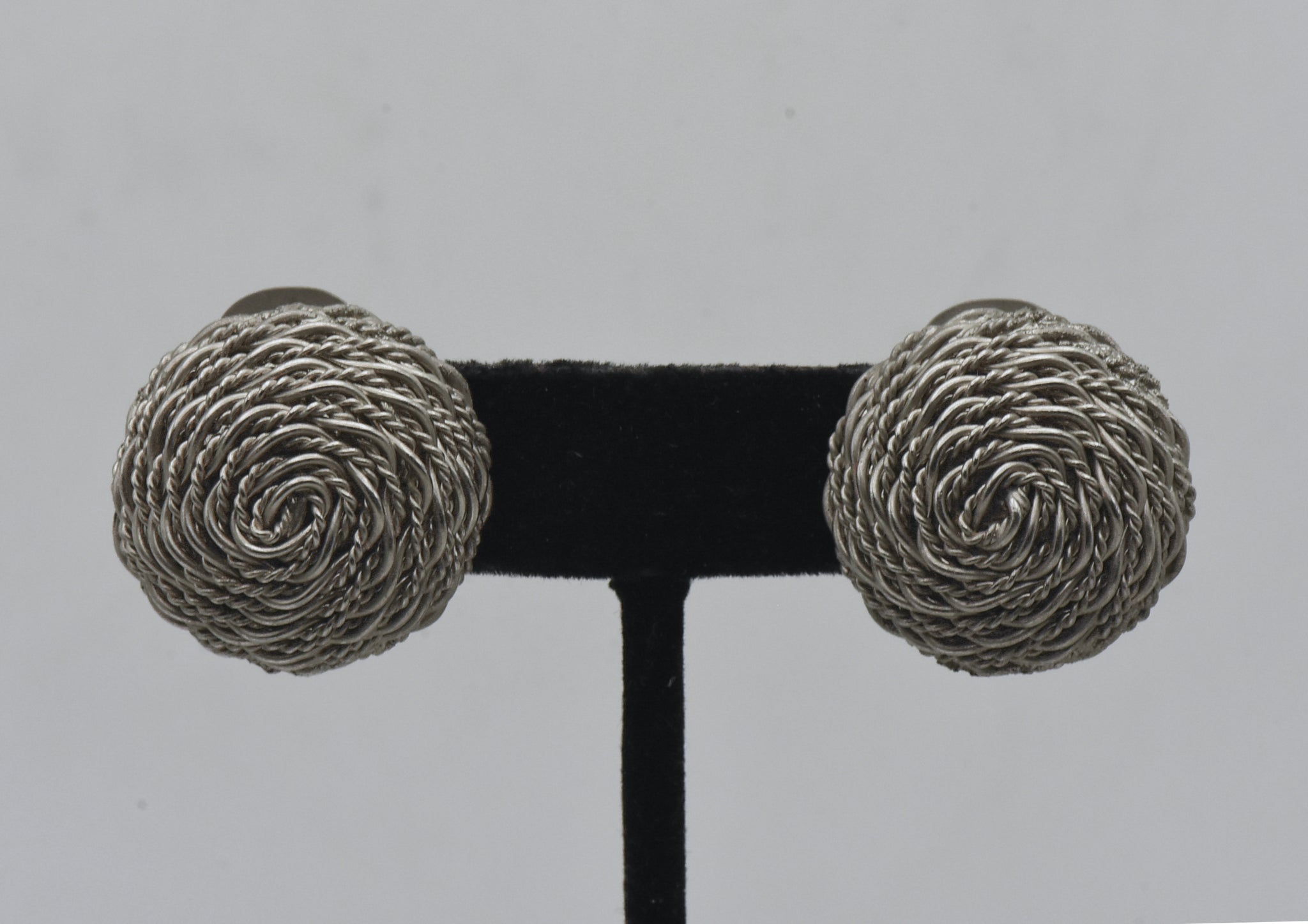 Vintage Silver Tone Basket Weave Clip On Earrings