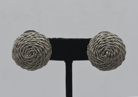 Vintage Silver Tone Basket Weave Clip On Earrings