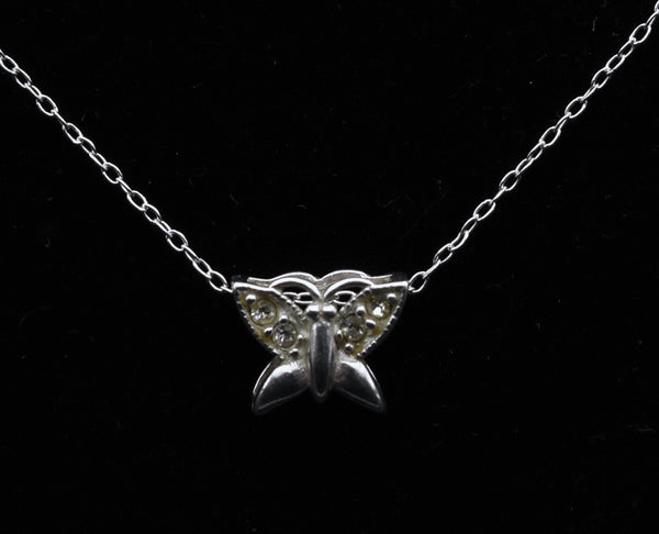 Vintage Sterling Silver and Rhinestone Butterfly Pendant on Italian Chain Necklace - 16.75"