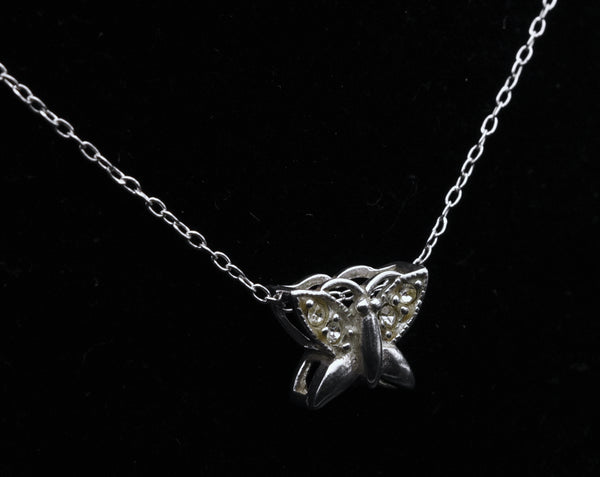 Vintage Sterling Silver and Rhinestone Butterfly Pendant on Italian Chain Necklace - 16.75"