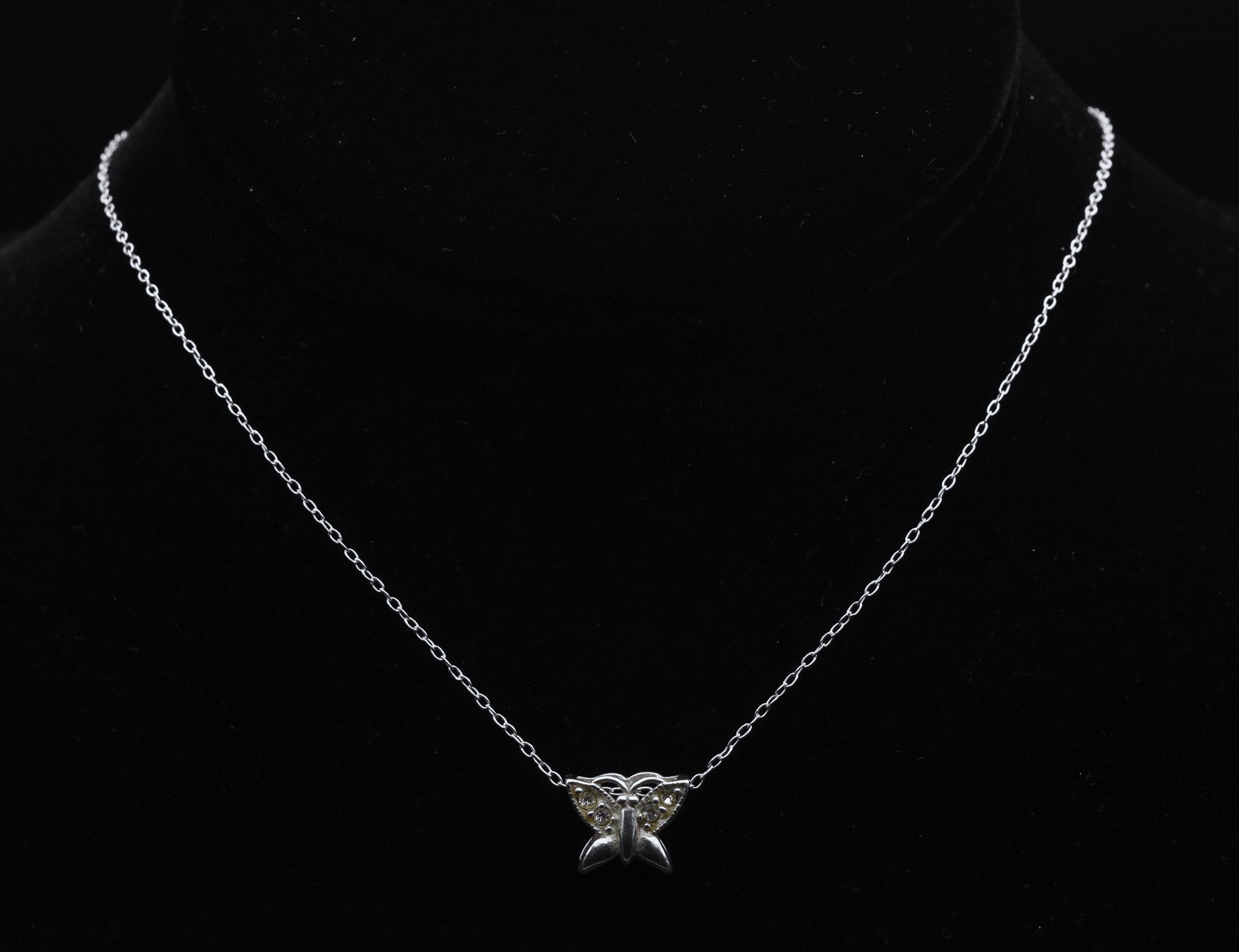 Vintage Sterling Silver and Rhinestone Butterfly Pendant on Italian Chain Necklace - 16.75"