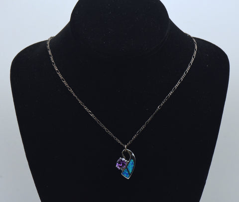 Vintage Blue Opal and Purple CZ Sterling Silver Pendant on Sterling Silver Chain Necklace - 23.25"