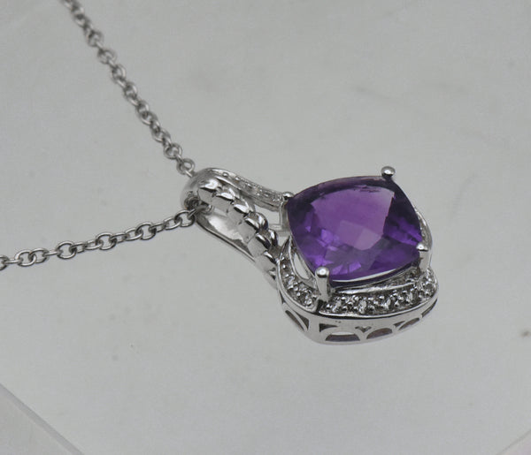 Vintage Amethyst and Rock Crystal Sterling Silver Pendant on Sterling Chain Necklace - 18"