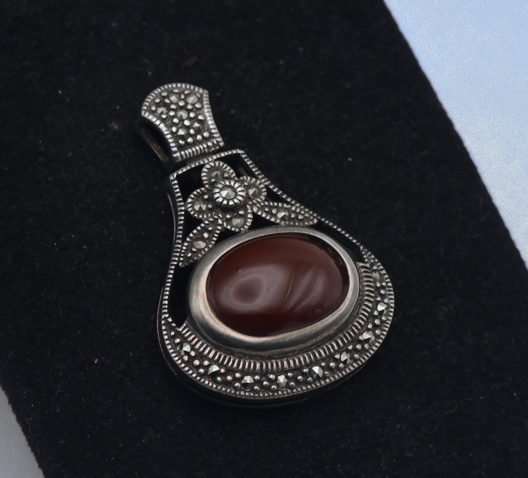 Vintage Sterling Silver Faux Carnelian and Marcasite Pendant