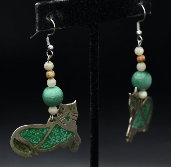 Vintage Handmade Alpaca and Malachite Cat Earrings