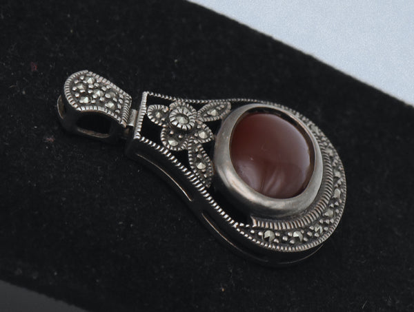 Vintage Sterling Silver Faux Carnelian and Marcasite Pendant