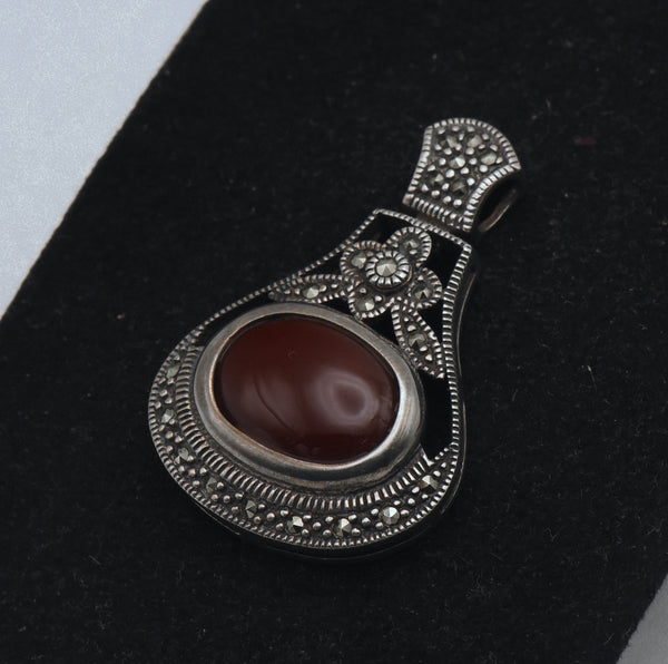 Vintage Sterling Silver Faux Carnelian and Marcasite Pendant