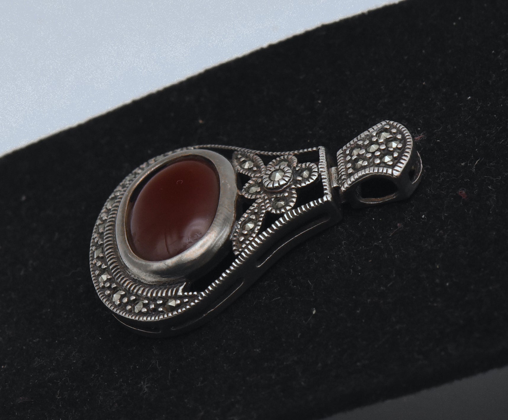 Vintage Sterling Silver Faux Carnelian and Marcasite Pendant