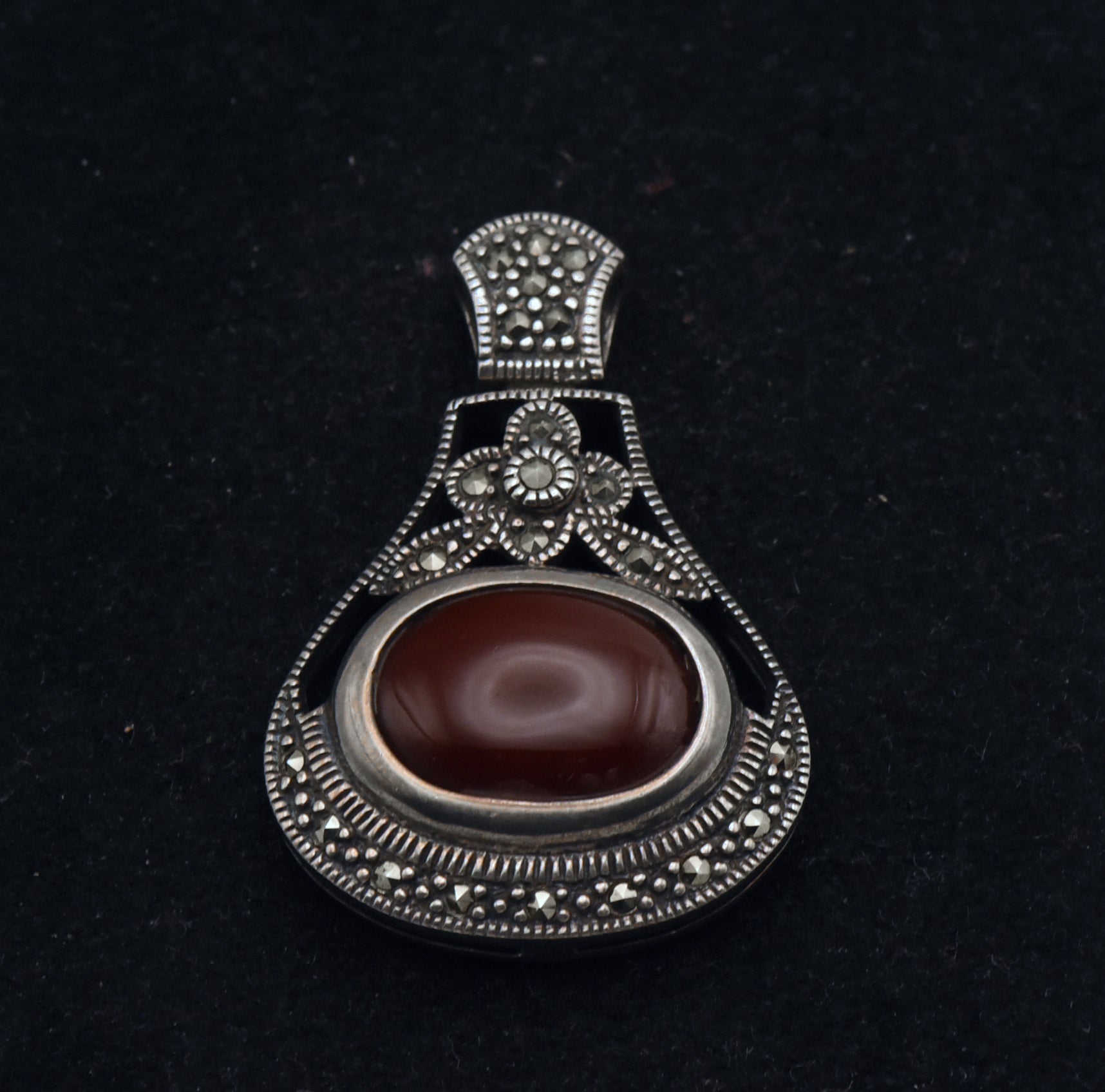 Vintage Sterling Silver Faux Carnelian and Marcasite Pendant