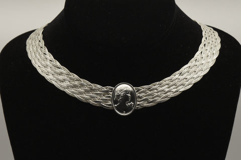 Milor - Vintage Italian Sterling Silver Braided Cameo Choker Necklace - 16"
