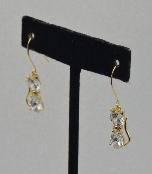 Vintage Cubic Zirconia Cat Gold Tone Sterling Silver Earrings