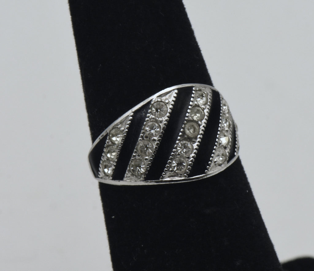 Vintage Sterling Silver Rhinestone and Enamel Ring - Size 5