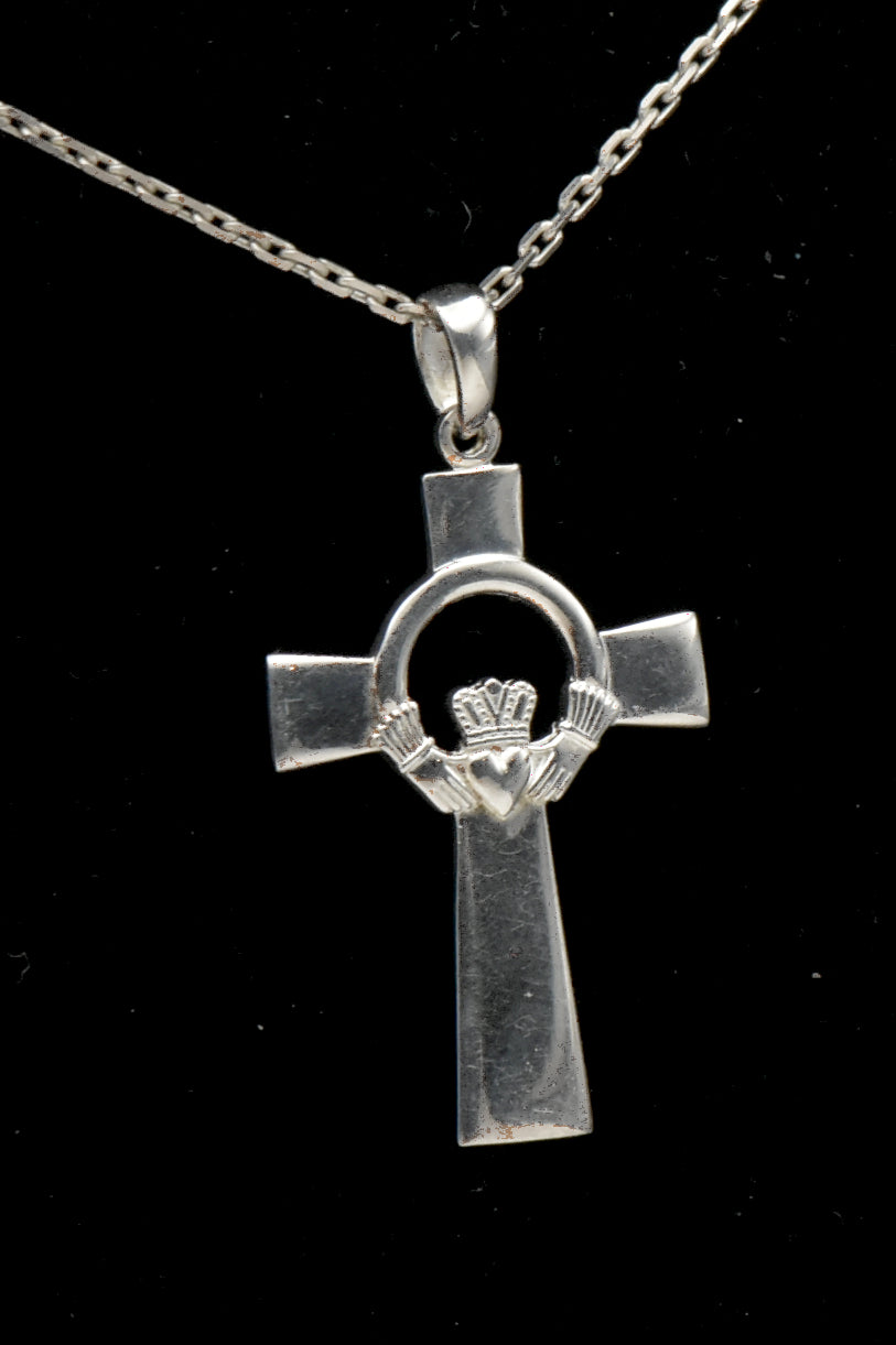 Solvar - Sterling Silver Claddagh Cross Pendant on Sterling Chain Necklace - 17.75"
