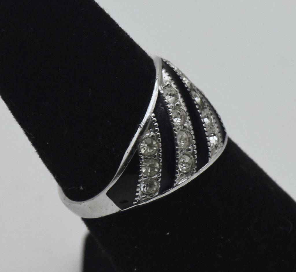 Vintage Sterling Silver Rhinestone and Enamel Ring - Size 5