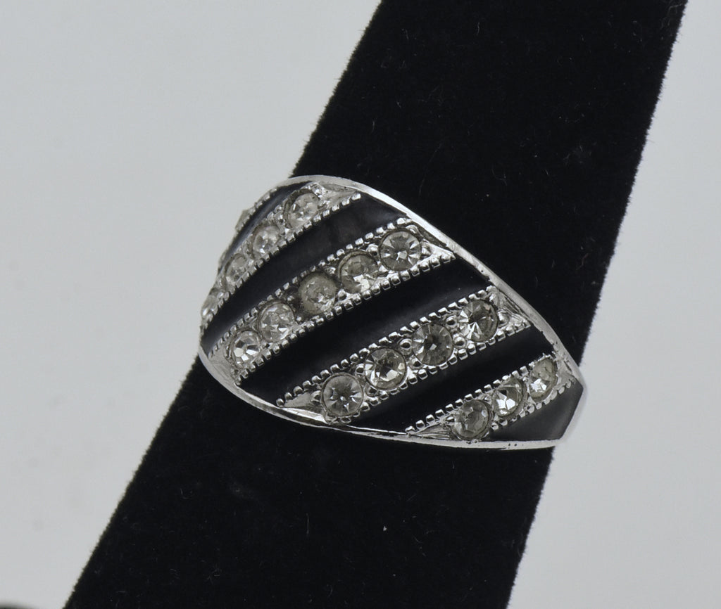 Vintage Sterling Silver Rhinestone and Enamel Ring - Size 5
