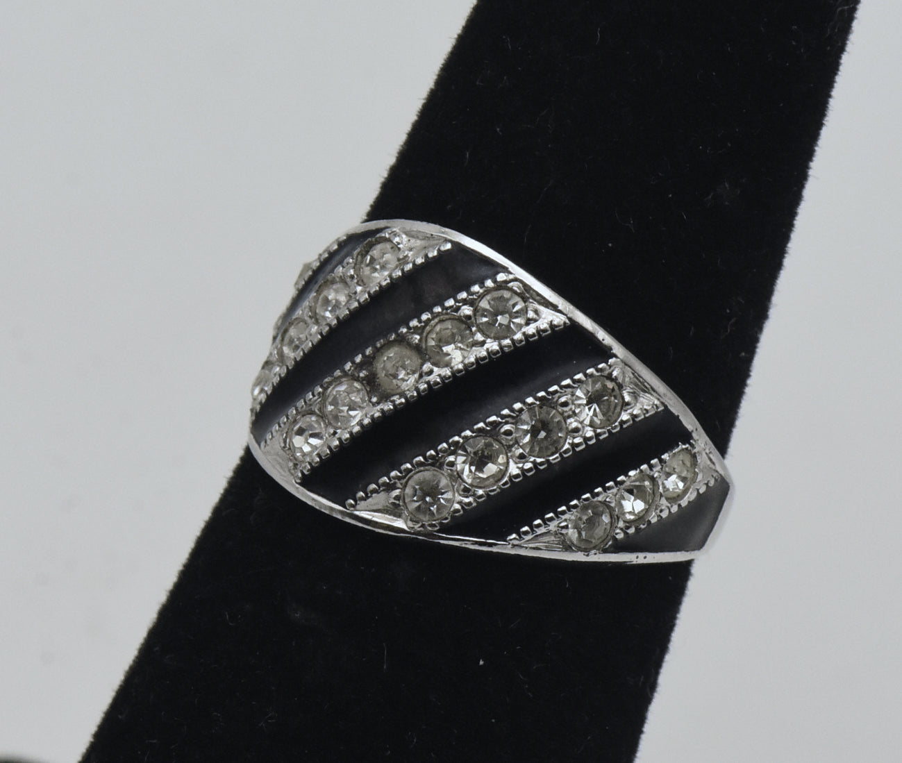Vintage Sterling Silver Rhinestone and Enamel Ring - Size 5