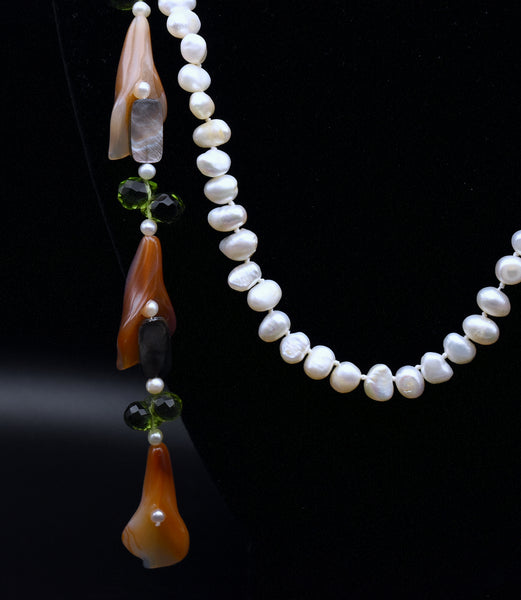 Vintage Carnelian and Agate Calla Lily Beads Pearl Tassel Necklace - 45"