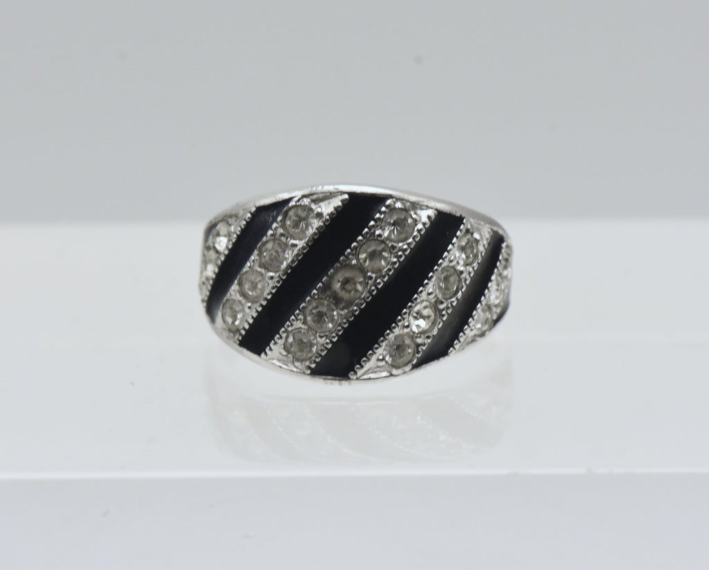 Vintage Sterling Silver Rhinestone and Enamel Ring - Size 5