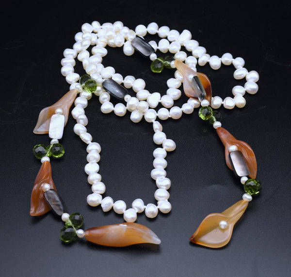 Vintage Carnelian and Agate Calla Lily Beads Pearl Tassel Necklace - 45"