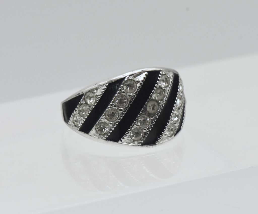 Vintage Sterling Silver Rhinestone and Enamel Ring - Size 5