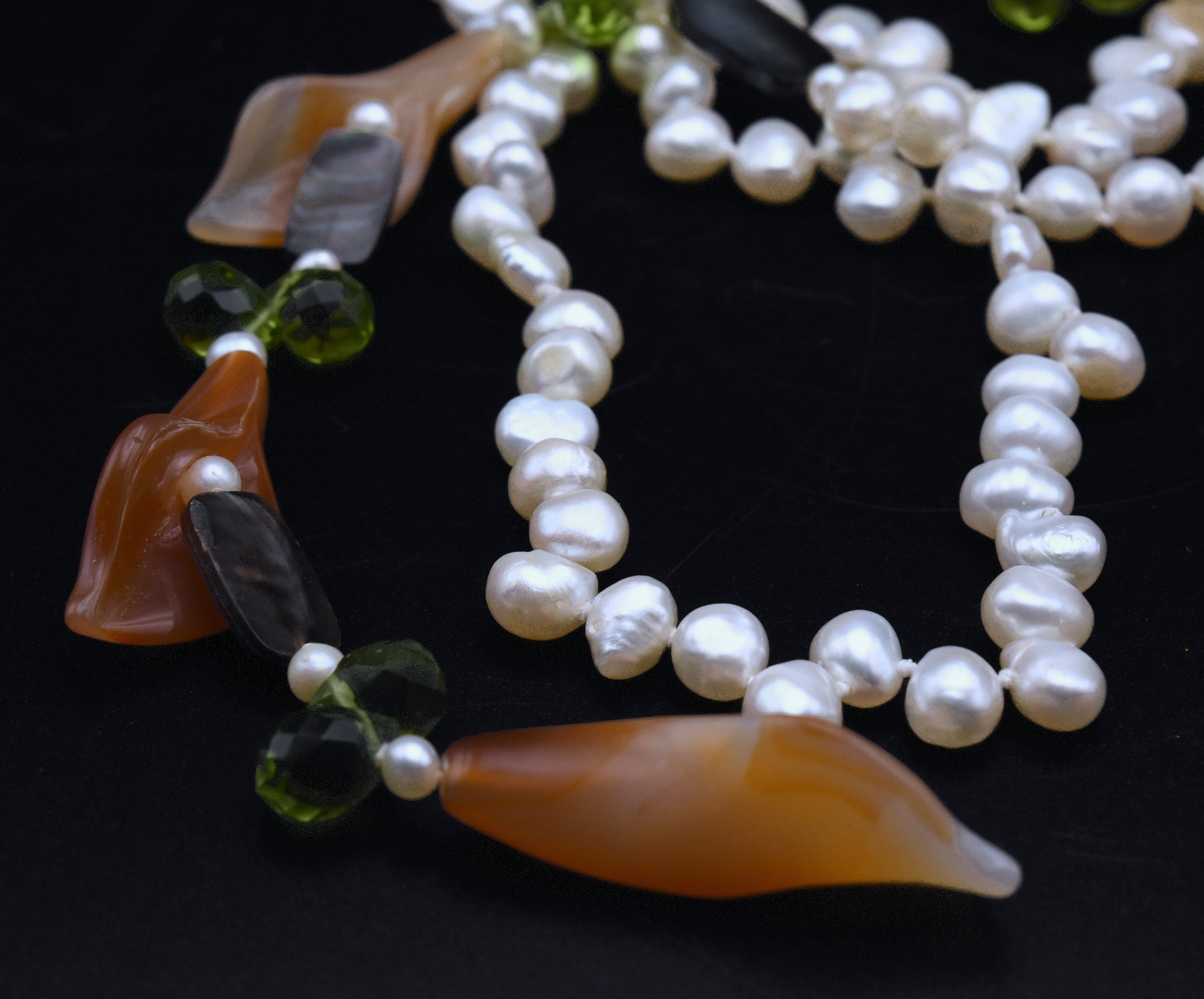 Vintage Carnelian and Agate Calla Lily Beads Pearl Tassel Necklace - 45"