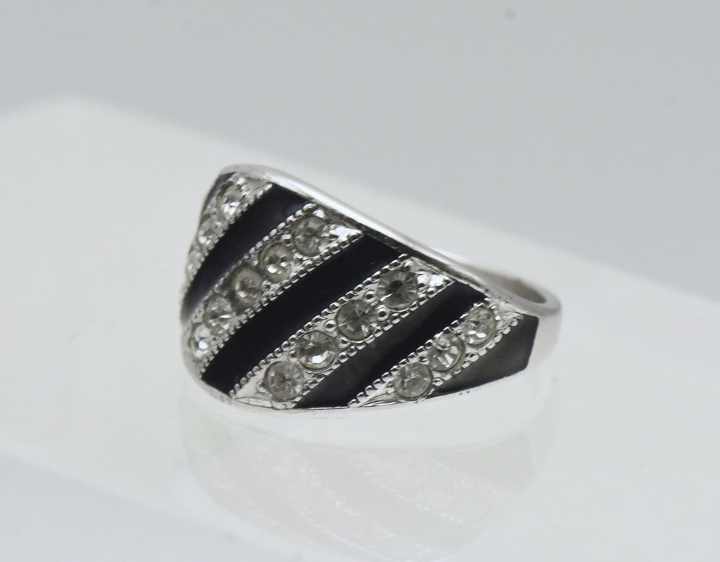 Vintage Sterling Silver Rhinestone and Enamel Ring - Size 5