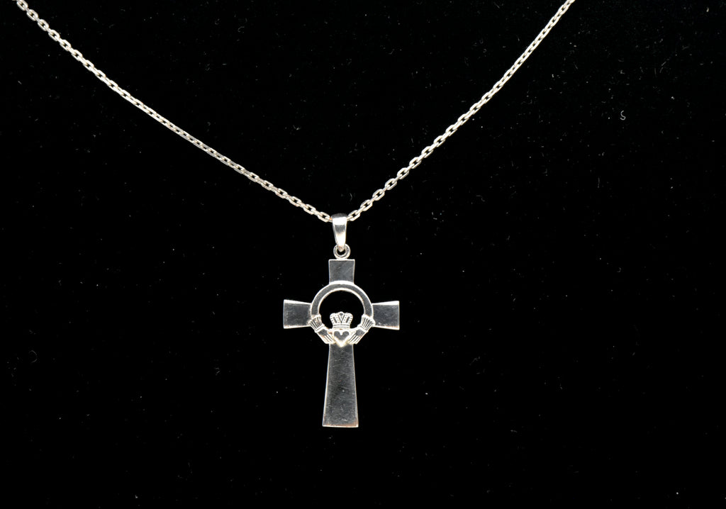 Solvar - Sterling Silver Claddagh Cross Pendant on Sterling Chain Necklace - 17.75"