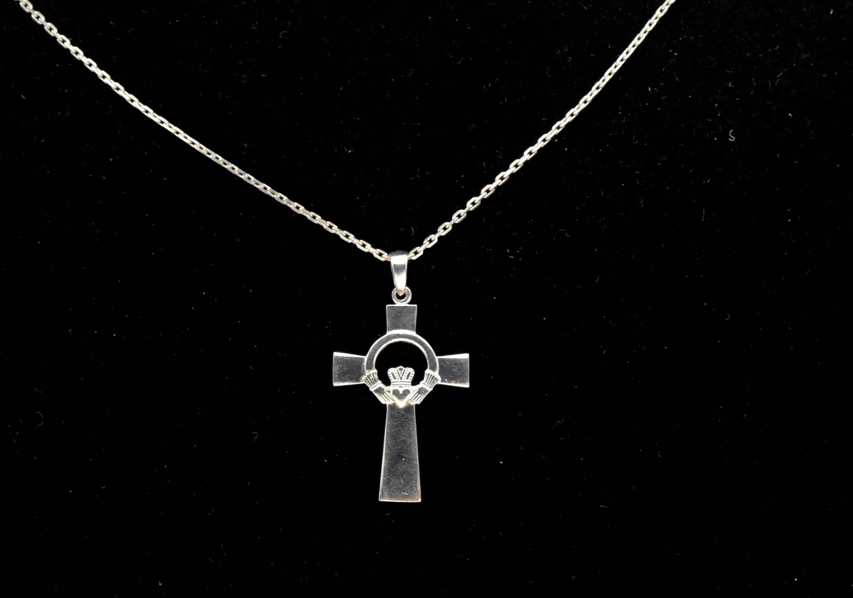 Solvar - Sterling Silver Claddagh Cross Pendant on Sterling Chain Necklace - 17.75"