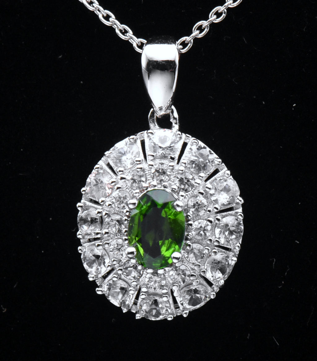 Chrome Diopside and Zircon Sterling Silver Pendant Chain Necklace - 18"