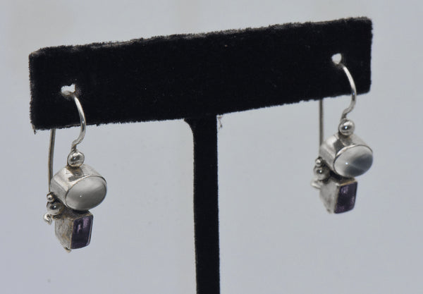 Vintage Cat's Eye Moonstone and Amethyst Sterling Silver Earrings