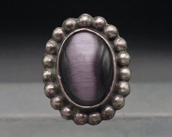 Vintage Handmade Sterling Silver Purple Cat's Eye Glass Ring - Size 6.25