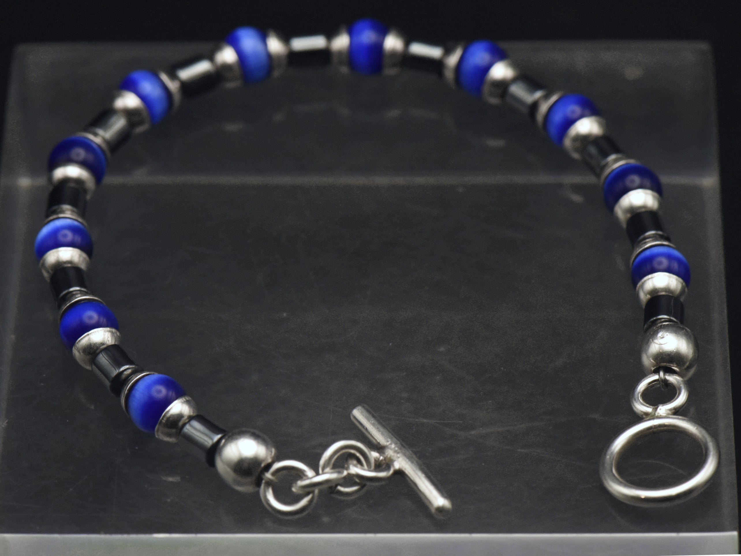 Vintage Sterling Silver, Hematite, Cat's Eye Glass Beaded Bracelet - 7.5"