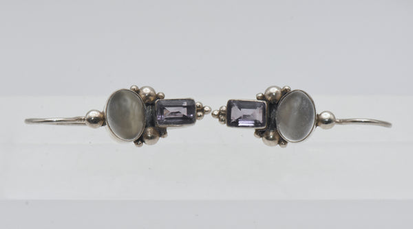 Vintage Cat's Eye Moonstone and Amethyst Sterling Silver Earrings