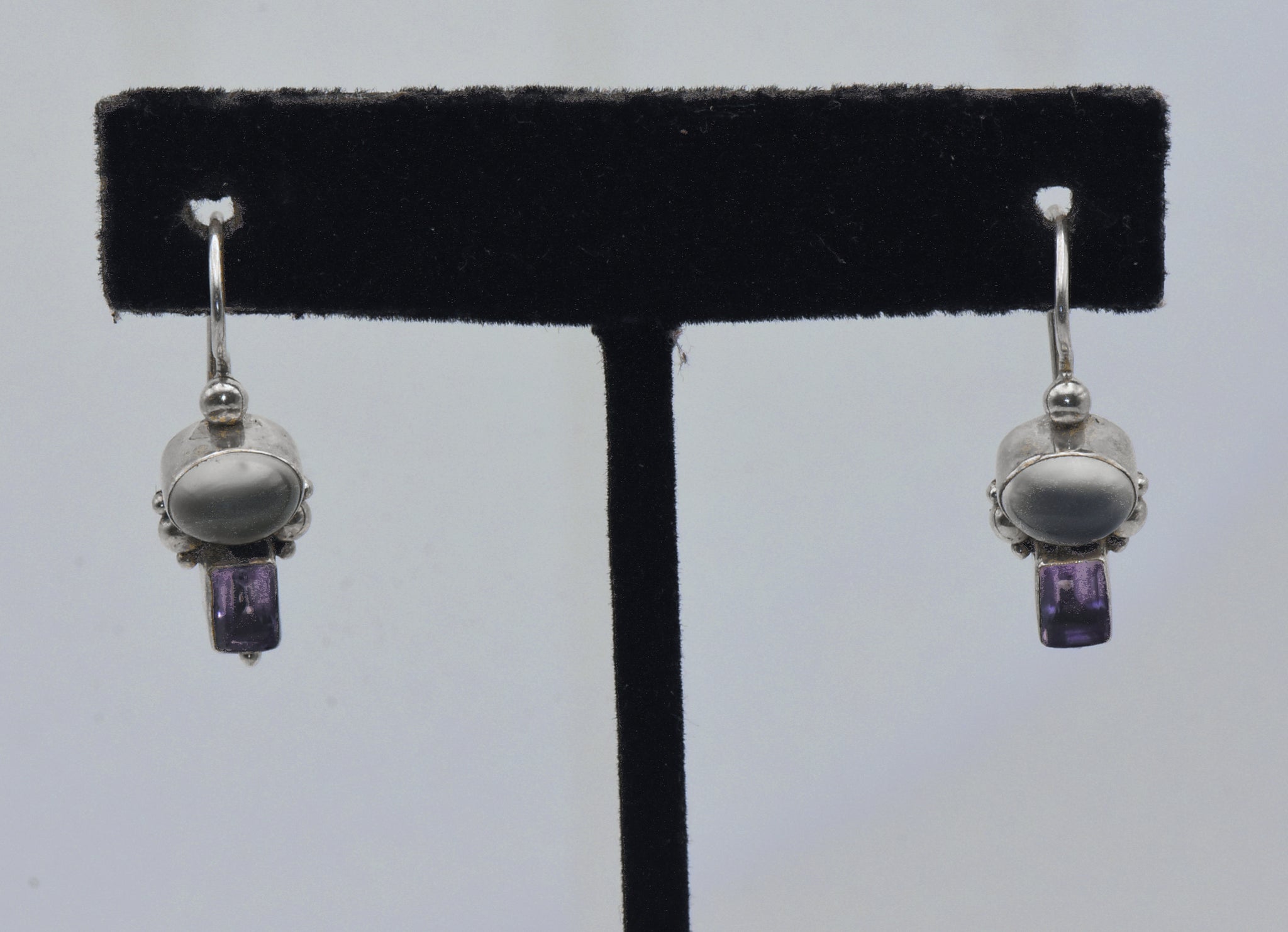 Vintage Cat's Eye Moonstone and Amethyst Sterling Silver Earrings