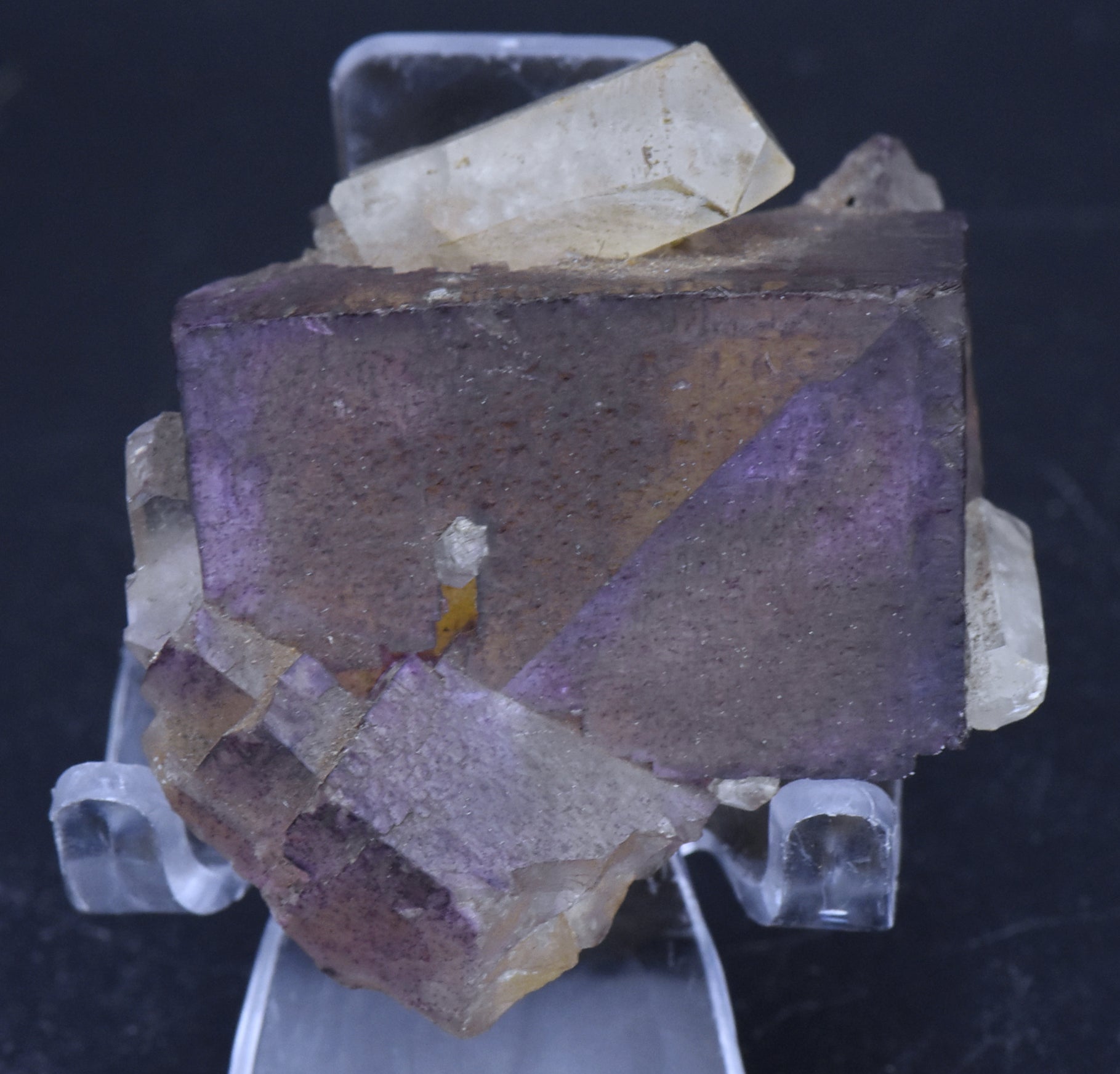 Yellow and Purple Fluorite Crystal Cluster with Calcite Crystals Mineral Specimen - 93g