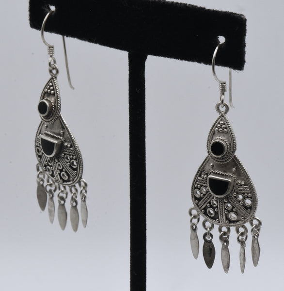 Vintage Handmade Sterling Silver and Black Onyx Dangle Earrings