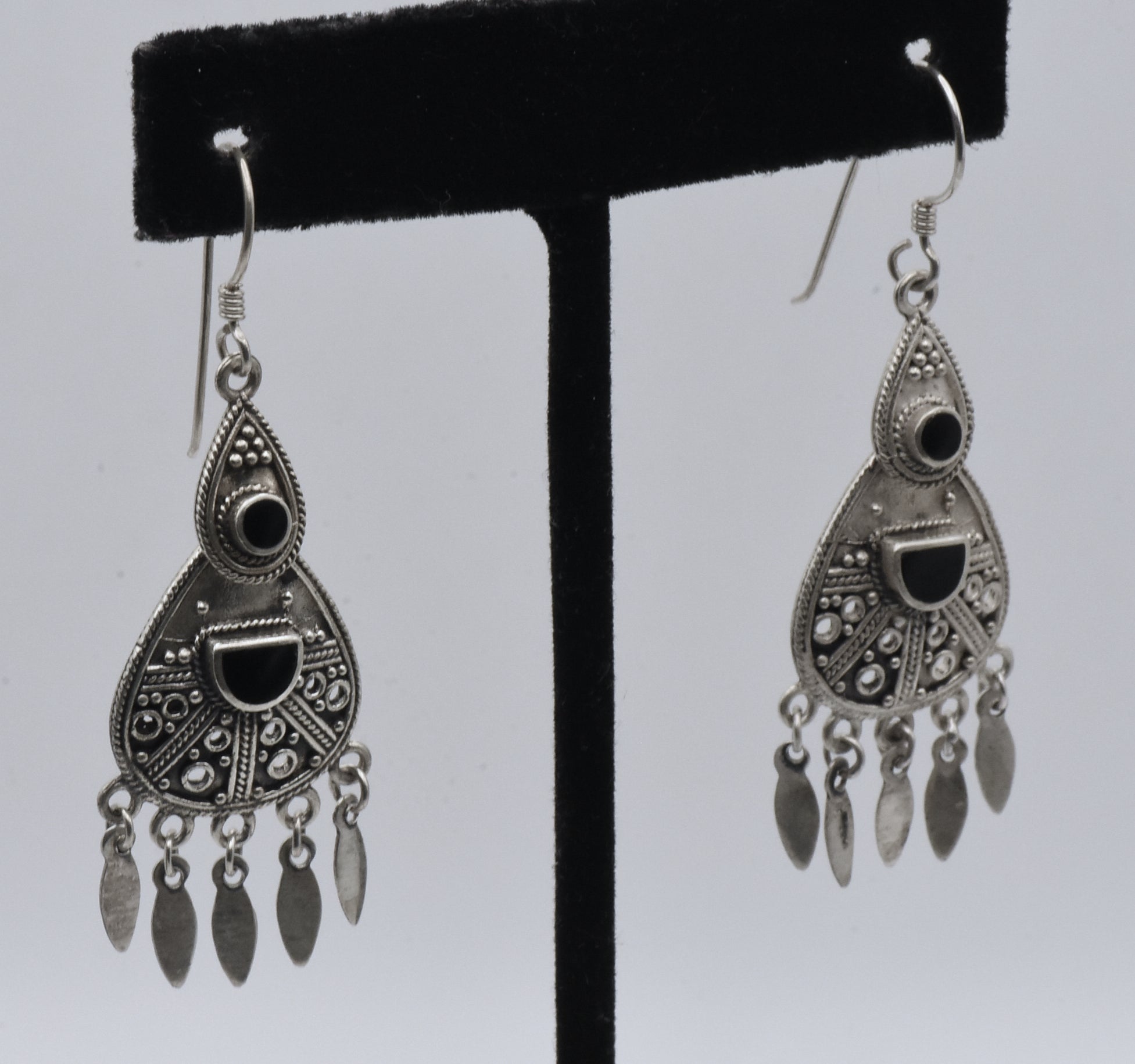 Vintage Handmade Sterling Silver and Black Onyx Dangle Earrings
