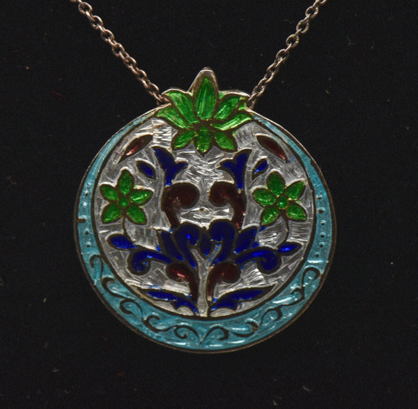 Vintage Champleve Enamel Sterling Silver Pendant on Sterling Silver Chain Necklace - 18"
