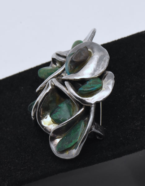 Vintage Hand Crafted Sterling Silver and Chrysocolla Floral Brooch