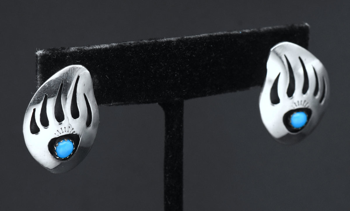 Vintage Handmade Turquoise and Sterling Silver Bear Claw Stud Earrings
