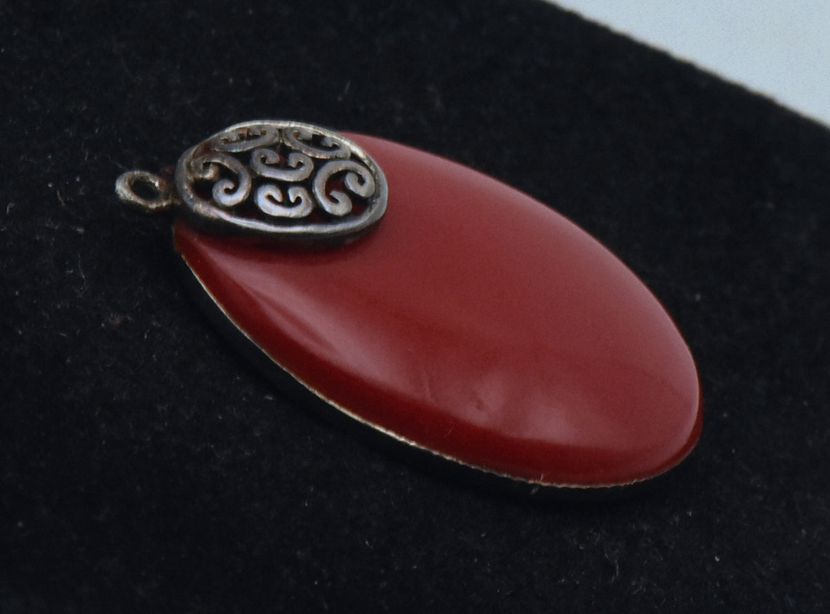 Vintage Red Coral Sterling Silver Pendant