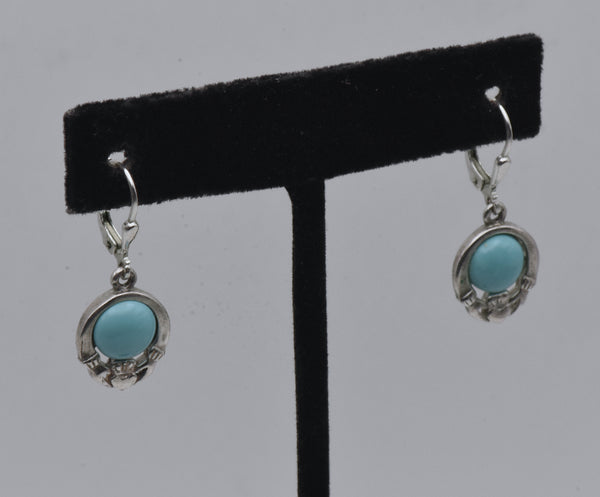 Vintage Irish Claddagh Turquoise Sterling Silver Earrings