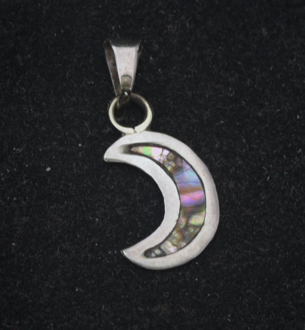 Vintage Handmade Sterling Silver Abalone Shell Crescent Moon Pendant