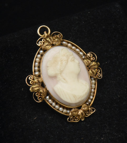 Vintage Handmade 14K Gold and Cultured Pearl Cameo Brooch/Pendant