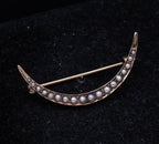 Antique Handmade 14K Gold and Pearls Crescent Moon Brooch