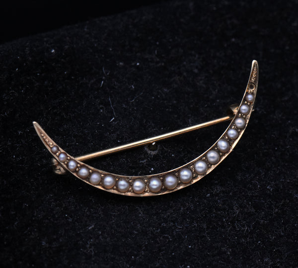 Antique Handmade 14K Gold and Pearls Crescent Moon Brooch