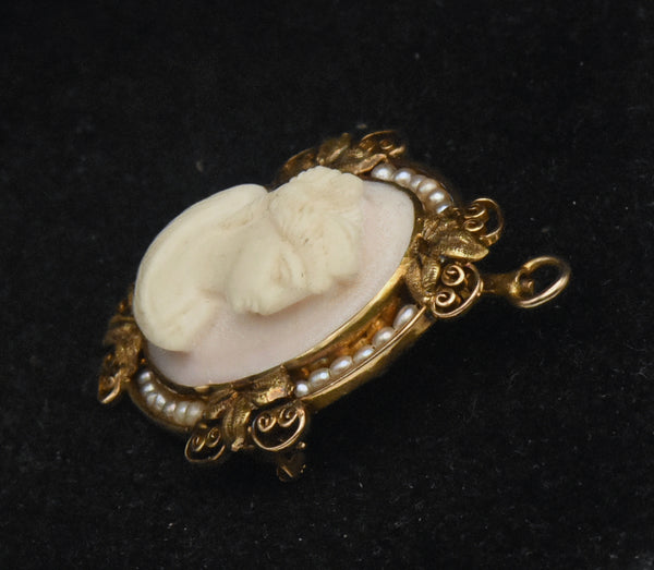 Vintage Handmade 14K Gold and Cultured Pearl Cameo Brooch/Pendant