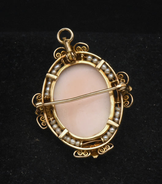 Vintage Handmade 14K Gold and Cultured Pearl Cameo Brooch/Pendant