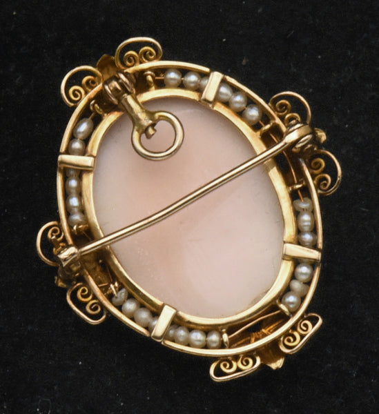 Vintage Handmade 14K Gold and Cultured Pearl Cameo Brooch/Pendant